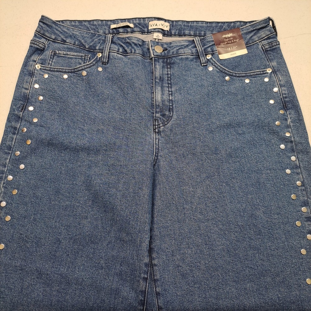 Ava & Viv Womens Jeans 18 Blue NWT Studded High Rise Straight Leg Denim 1987-360